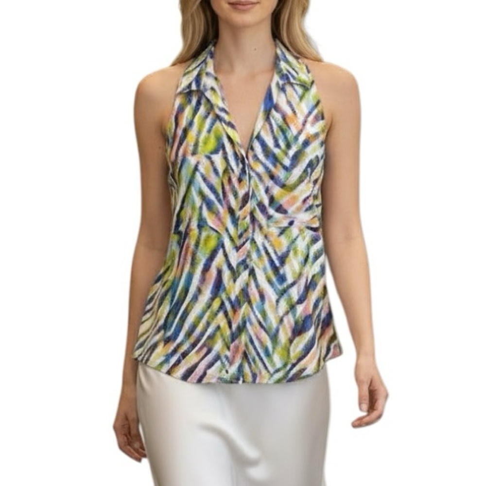 Trina Turk 100% Silk Abstract Print Watercolor Rainbow Sleeveless Button Top